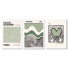 Set of 3 Yayoi Kusama Bauhaus Japandi Light Green Framed Wall Art with White Wooden Frames