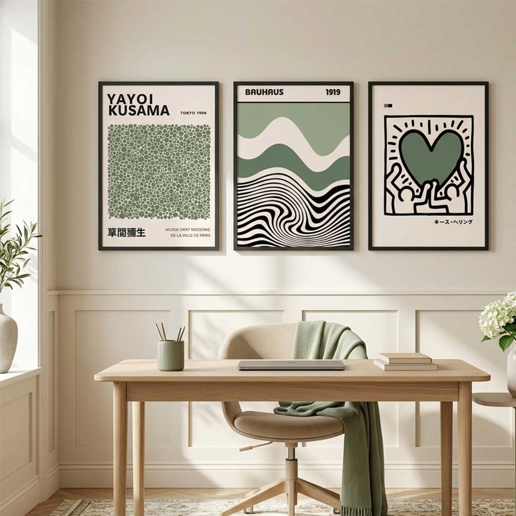Three framed art prints with Japanese typography and abstract designs are displayed on a beige wall above a light wood desk and chair in a bright, modern room.