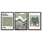 Set of 3  Bauhaus Yayoi Kusama Japandi Dark Green Framed Wall Art with Black Wooden Frames
