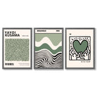 Set of 3  Bauhaus Yayoi Kusama Japandi Dark Green Framed Wall Art with Dark Grey Wooden Frames