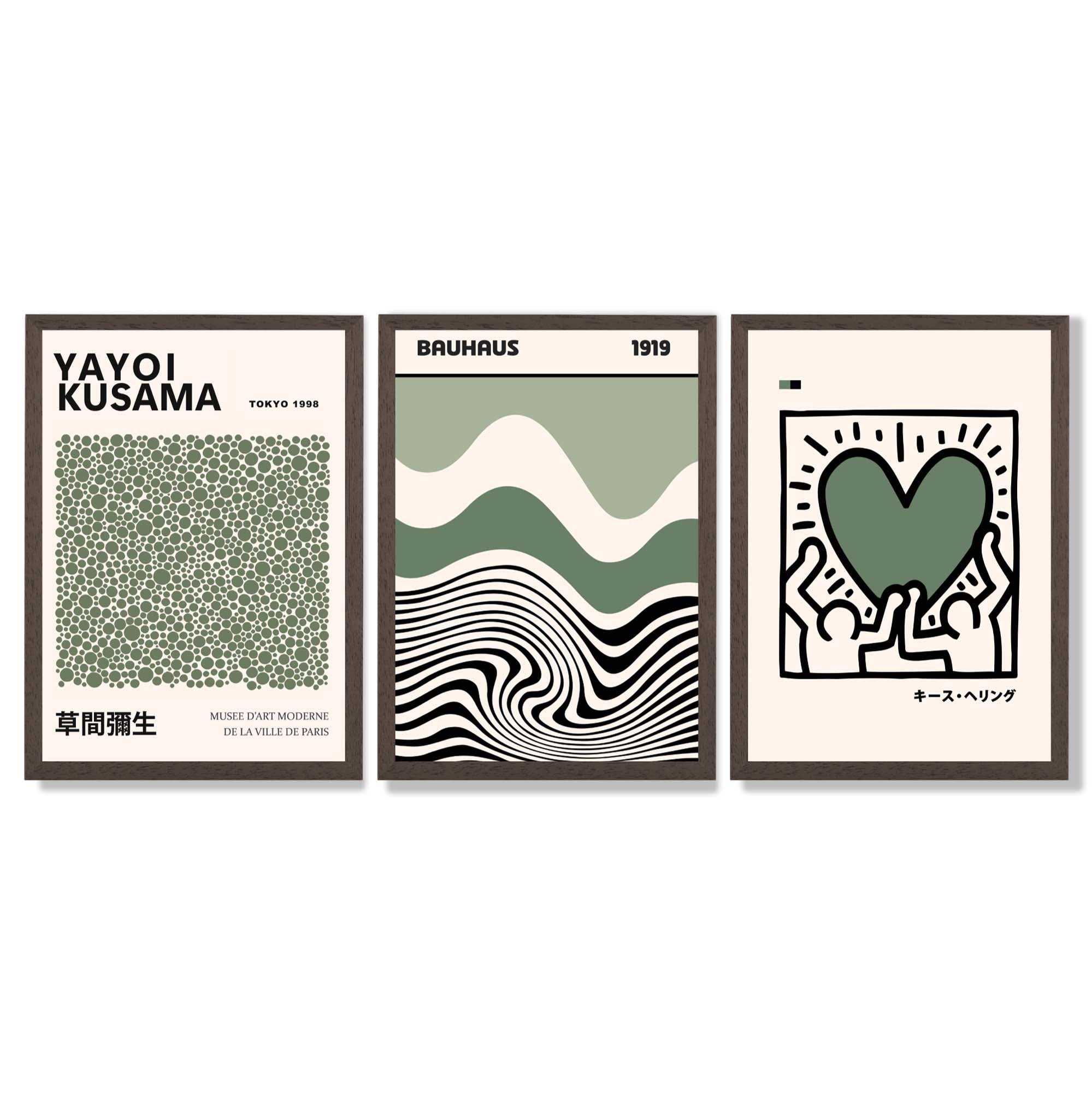 Set of 3  Bauhaus Yayoi Kusama Japandi Dark Green Framed Wall Art with Dark Wood Frames
