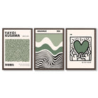 Set of 3  Bauhaus Yayoi Kusama Japandi Dark Green Framed Wall Art with Dark Wood Frames
