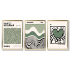 Set of 3  Bauhaus Yayoi Kusama Japandi Dark Green Framed Wall Art with Gold Wood Frames