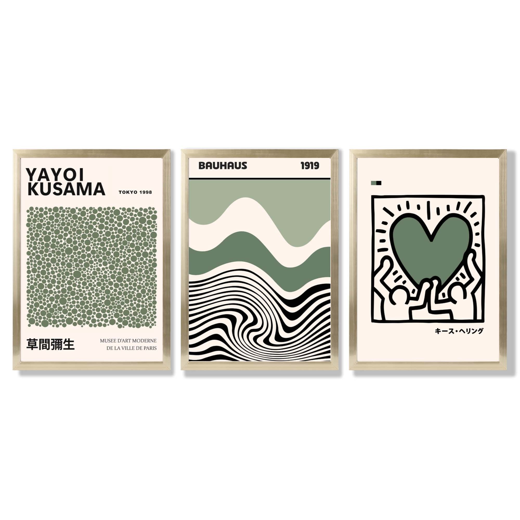 Set of 3  Bauhaus Yayoi Kusama Japandi Dark Green Framed Wall Art with Gold Wood Frames