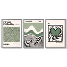 Set of 3  Bauhaus Yayoi Kusama Japandi Dark Green Framed Wall Art with Light Grey Wooden Frames