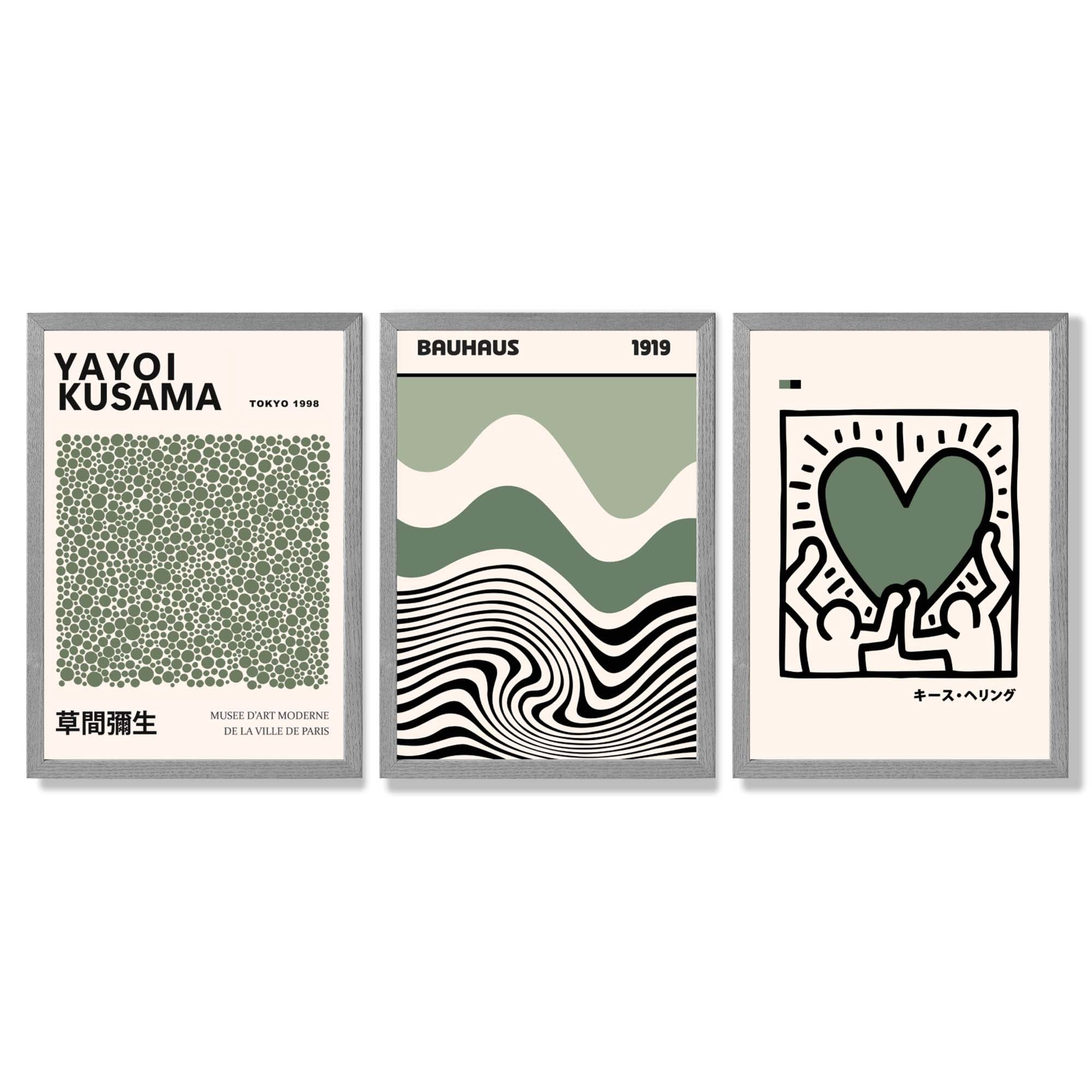 Set of 3  Bauhaus Yayoi Kusama Japandi Dark Green Framed Wall Art with Light Grey Wooden Frames