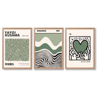 Set of 3  Bauhaus Yayoi Kusama Japandi Dark Green Framed Wall Art with Light Oak Frames
