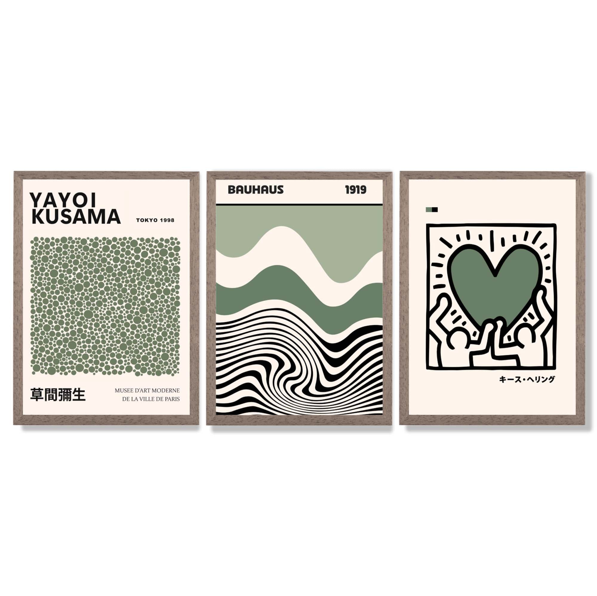 Set of 3  Bauhaus Yayoi Kusama Japandi Dark Green Framed Wall Art with Light Walnut Frames