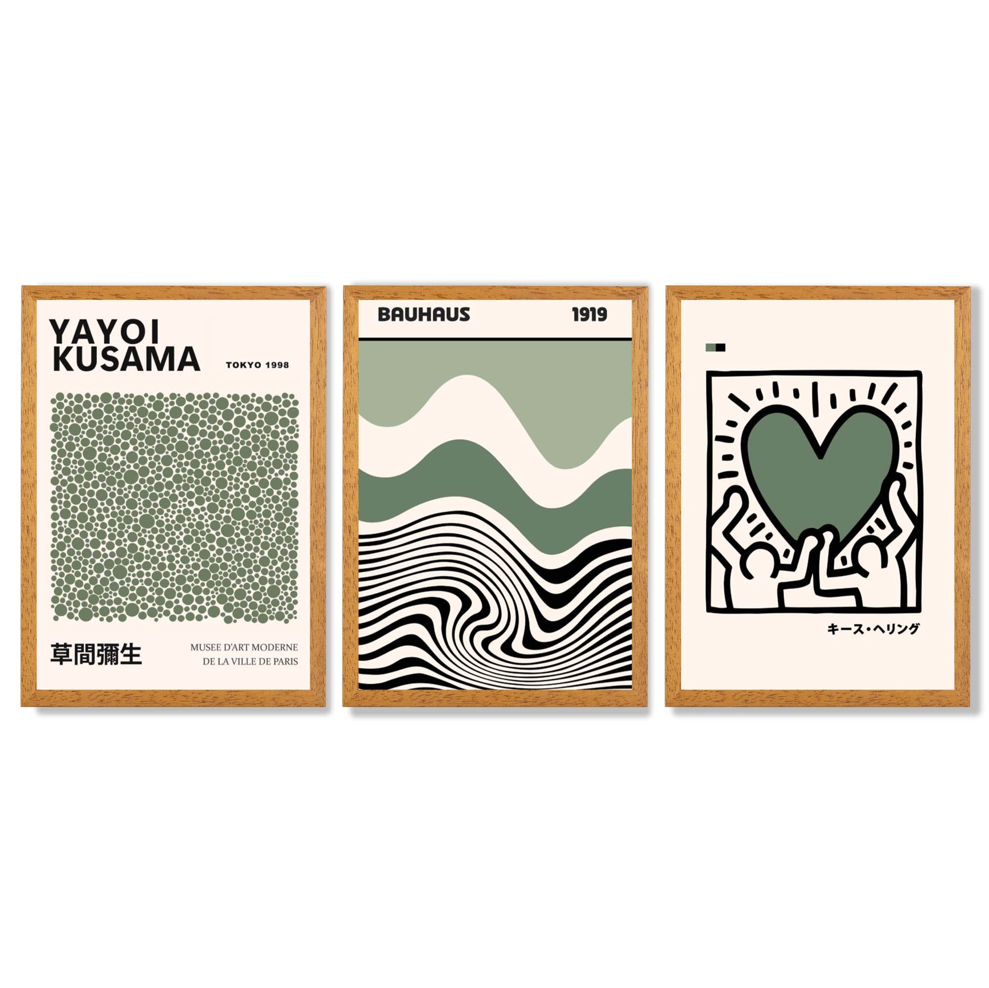 Set of 3  Bauhaus Yayoi Kusama Japandi Dark Green Framed Wall Art with Oak Wooden Frames