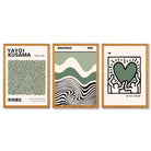 Set of 3  Bauhaus Yayoi Kusama Japandi Dark Green Framed Wall Art with Oak Wooden Frames