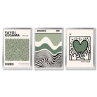 Set of 3  Bauhaus Yayoi Kusama Japandi Dark Green Framed Wall Art with Silver Wood Frames