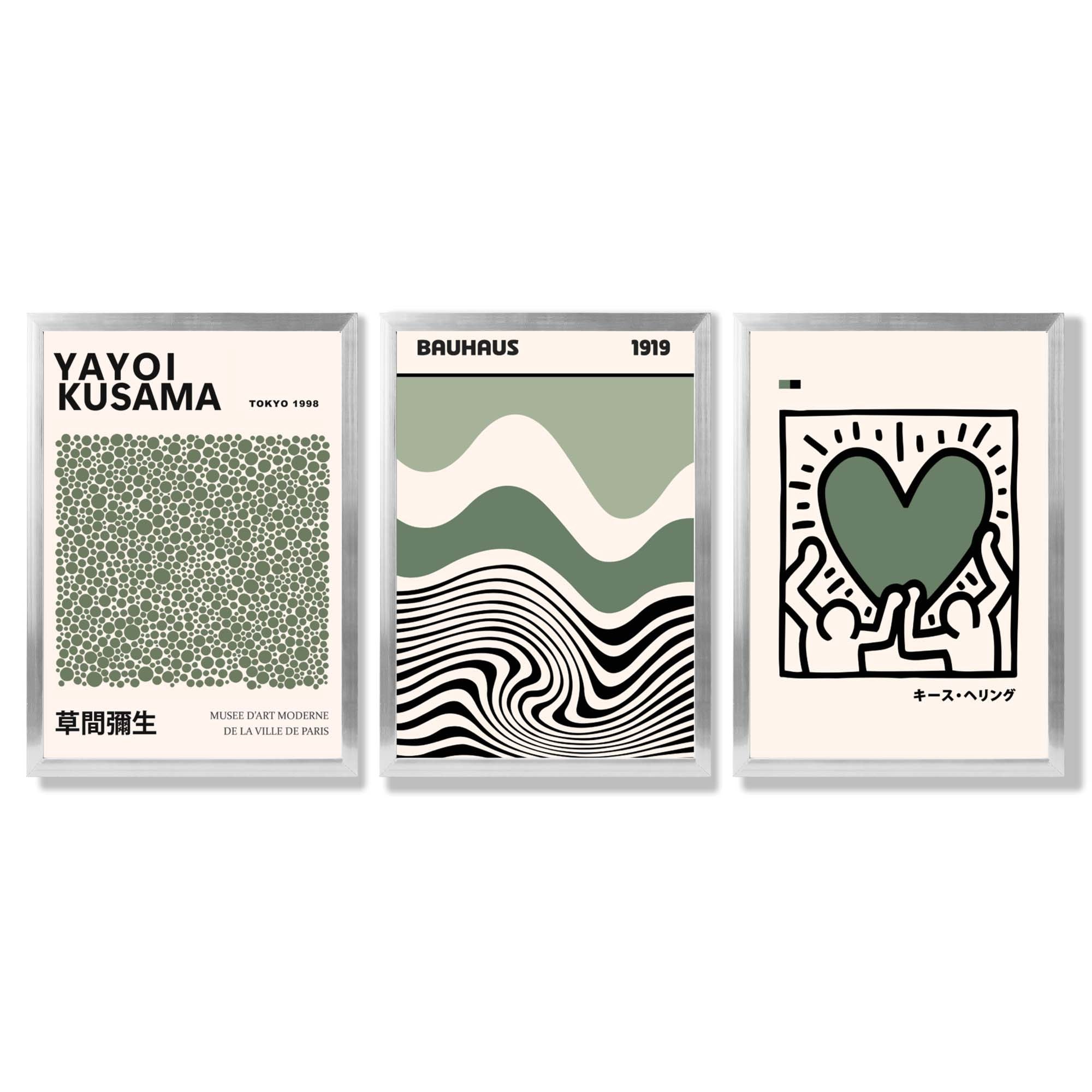 Set of 3  Bauhaus Yayoi Kusama Japandi Dark Green Framed Wall Art with Silver Wood Frames