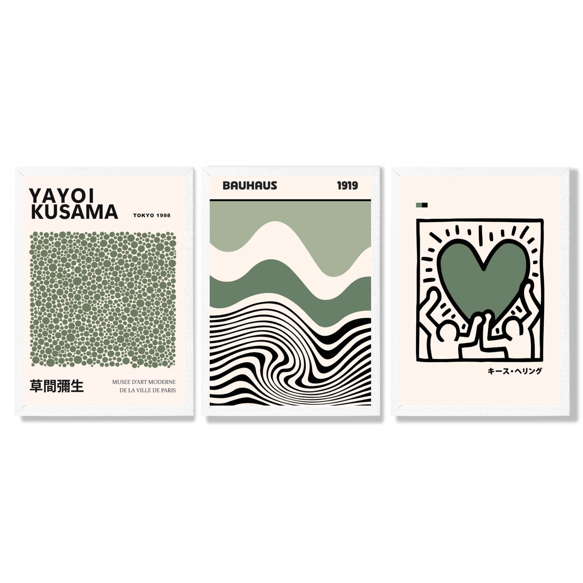 Set of 3  Bauhaus Yayoi Kusama Japandi Dark Green Framed Wall Art with White Wooden Frames