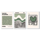 Set of 3  Bauhaus Yayoi Kusama Japandi Dark Green Framed Wall Art with White Wooden Frames