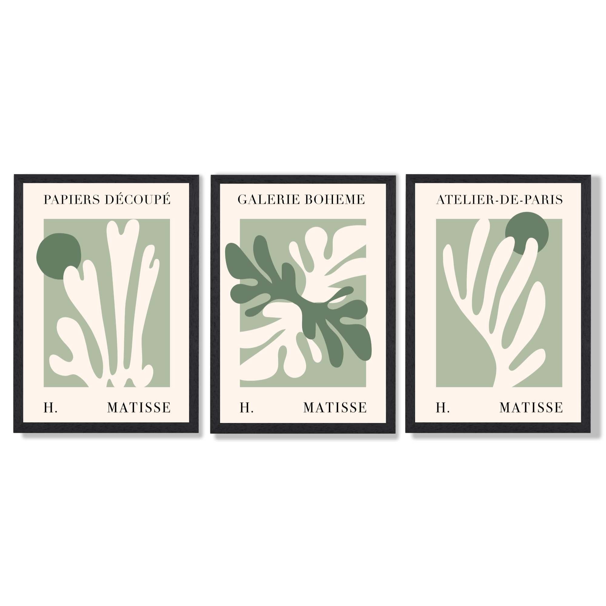 Set of 3 Matisse Cutout Botanical Sage Green and Cream Art Prints in Black Frames | Artze UK