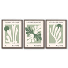 Set of 3 Matisse Cutout Botanical Sage Green and Cream Framed Wall Art with Dark Wood Frames