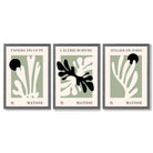 Set of 3 Matisse Cutout Botanical Sage Green and Black Framed Wall Art with Dark Grey Wooden Frames