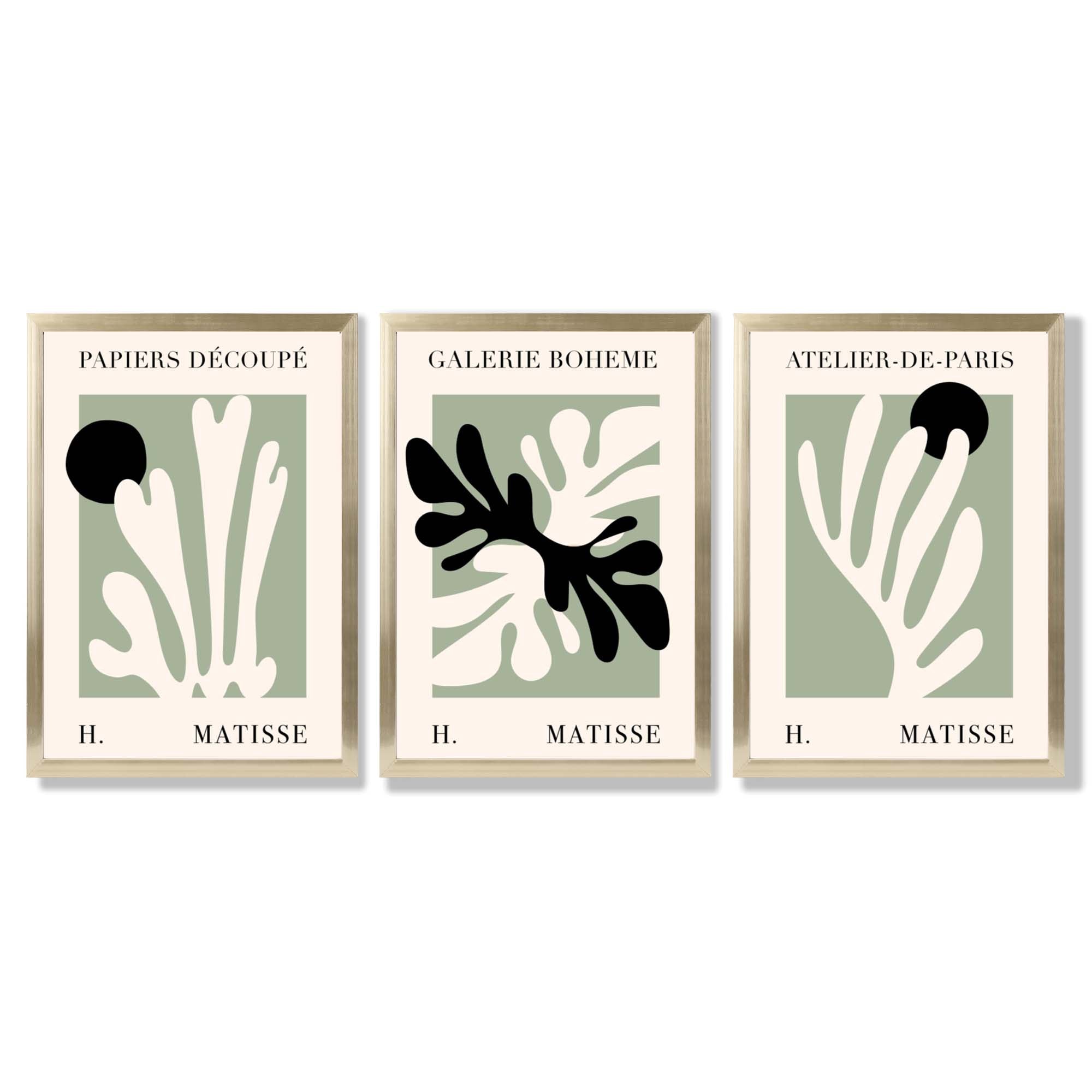 Set of 3 Matisse Cutout Botanical Sage Green and Black Framed Wall Art with Gold Wood Frames