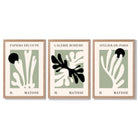 Set of 3 Matisse Cutout Botanical Sage Green and Black Framed Wall Art with Light Oak Frames