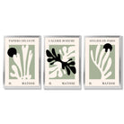 Set of 3 Matisse Cutout Botanical Sage Green and Black Framed Wall Art with Silver Wood Frames