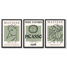 Set of 3 Matisse and Picasso Minimal Line Art in Green Art Prints in Black Frames | Artze UK