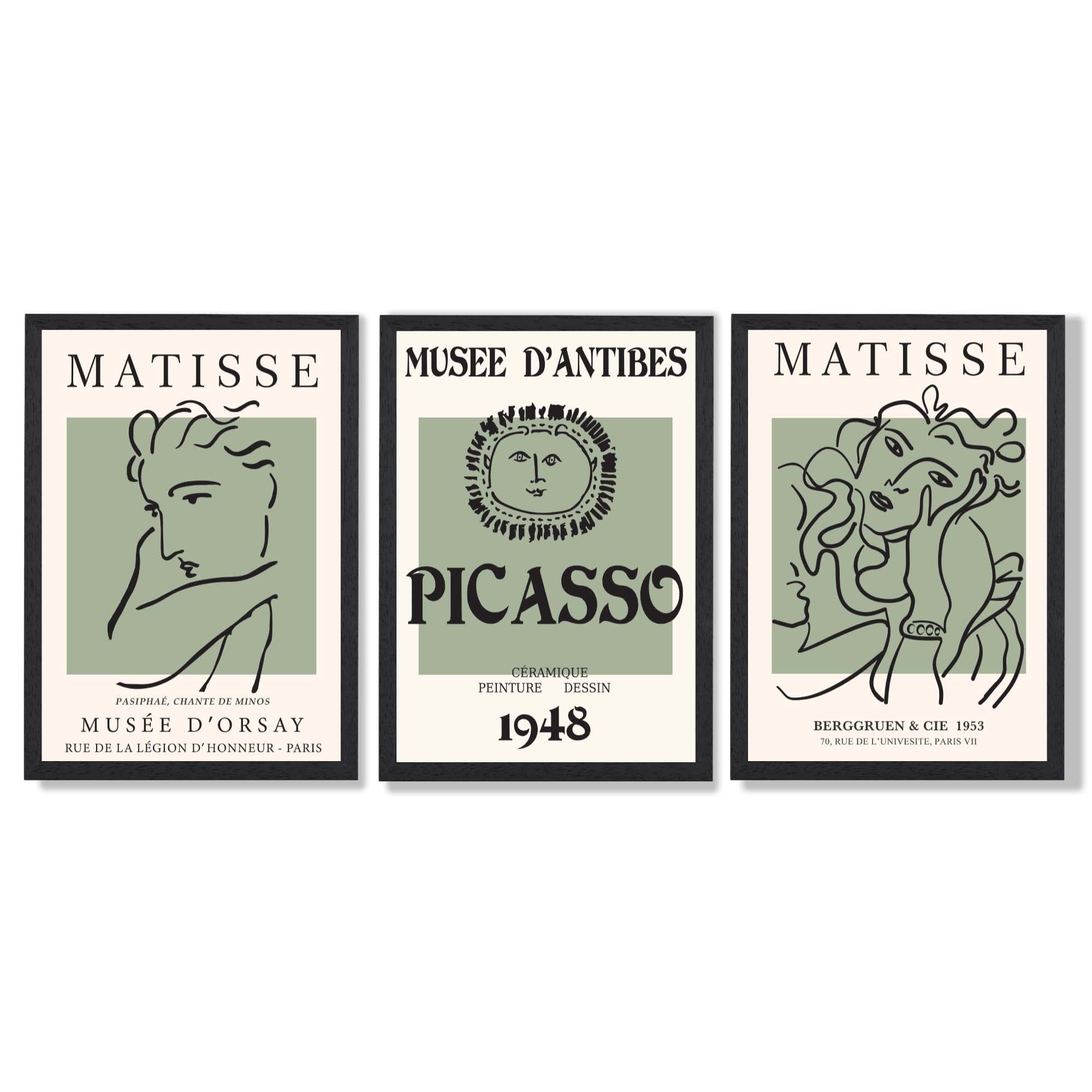 Set of 3 Matisse and Picasso Minimal Line Art in Green Art Prints in Black Frames | Artze UK