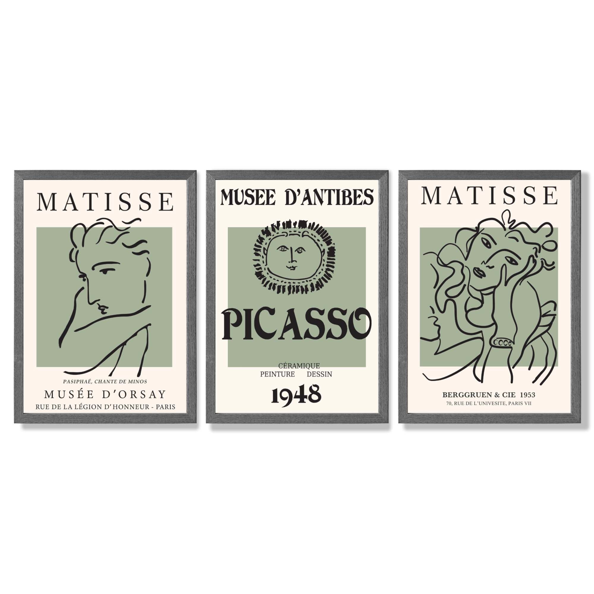 Set of 3 Matisse and Picasso Minimal Line Art in Green Framed Wall Art with Dark Grey Wooden Frames