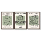 Set of 3 Matisse and Picasso Minimal Line Art in Green Framed Wall Art with Dark Wood Frames
