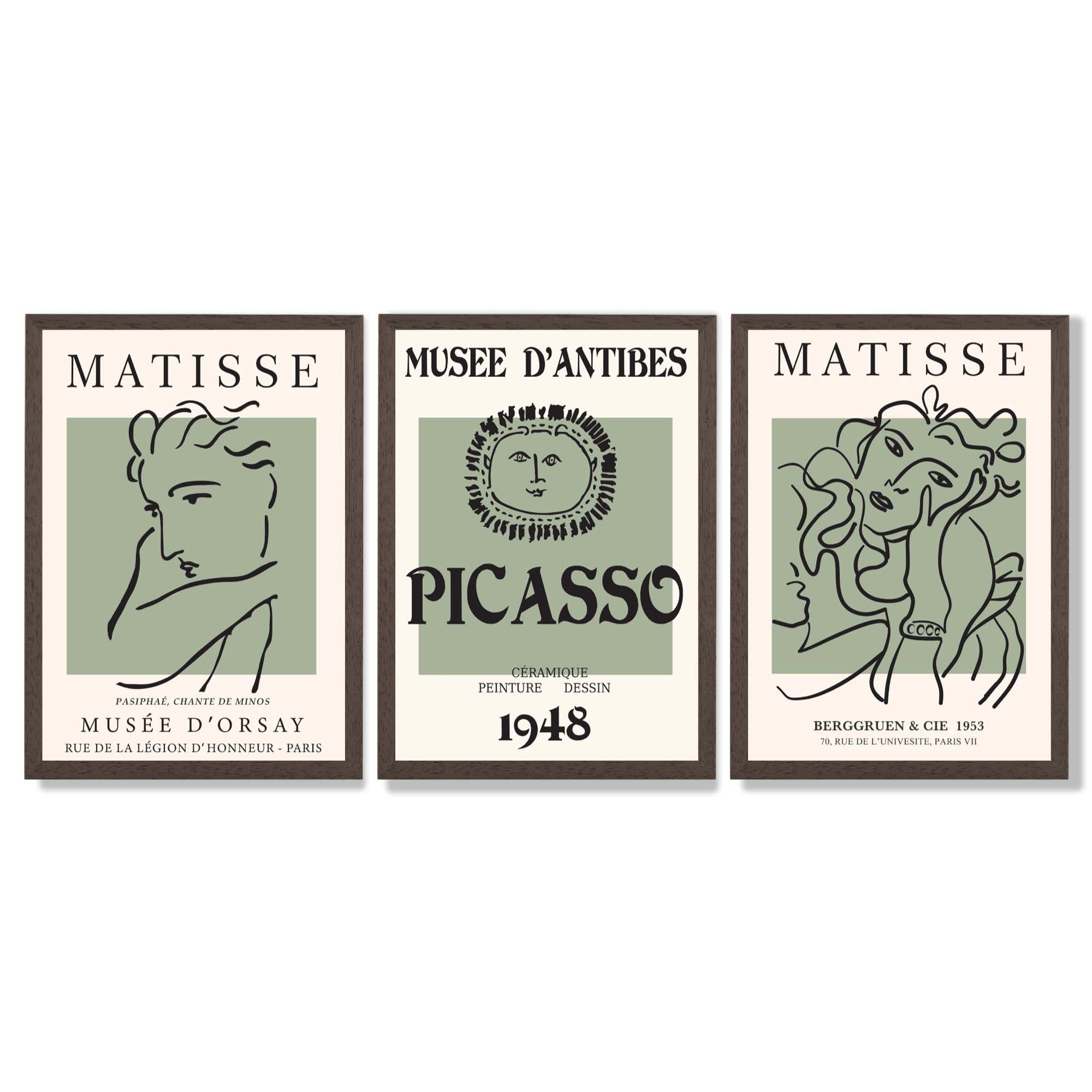 Set of 3 Matisse and Picasso Minimal Line Art in Green Framed Wall Art with Dark Wood Frames