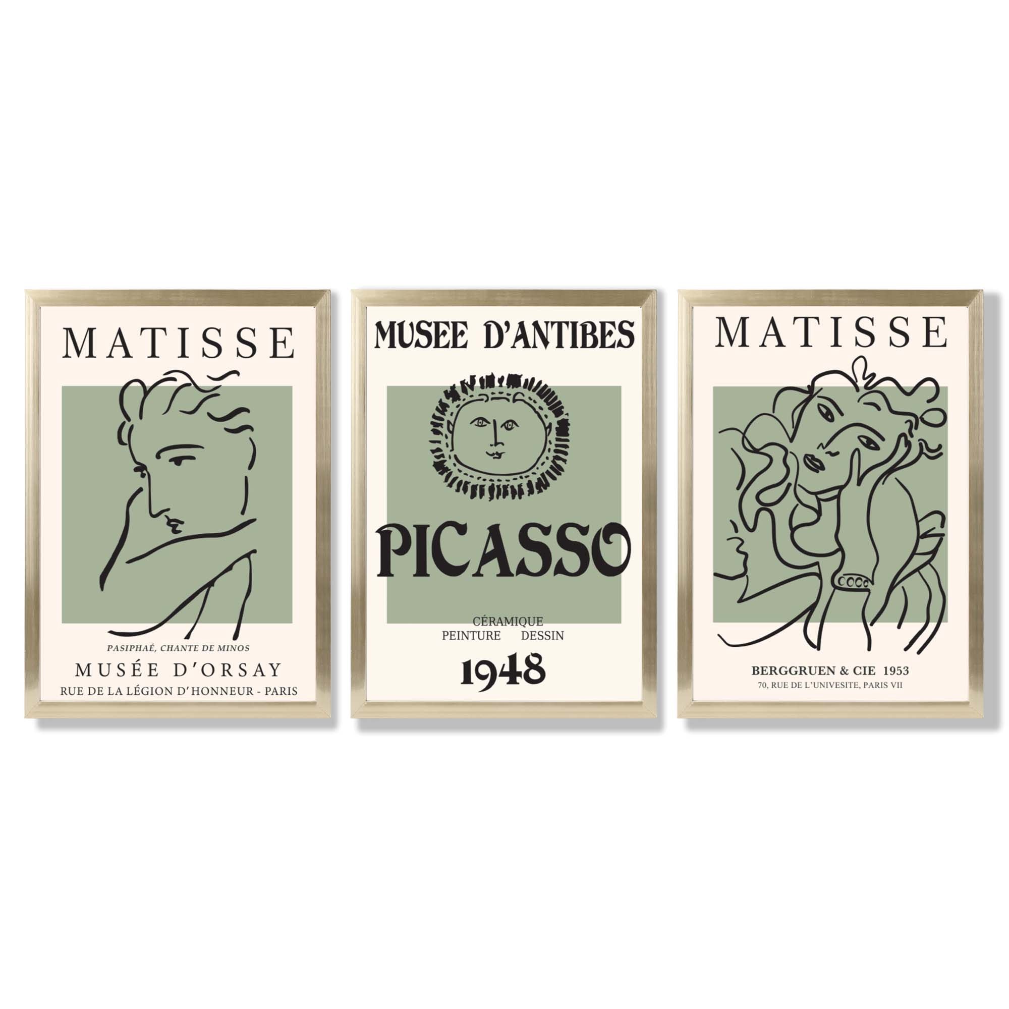 Set of 3 Matisse and Picasso Minimal Line Art in Green Framed Wall Art with Gold Wood Frames
