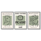 Set of 3 Matisse and Picasso Minimal Line Art in Green Framed Wall Art with Light Grey Wooden Frames