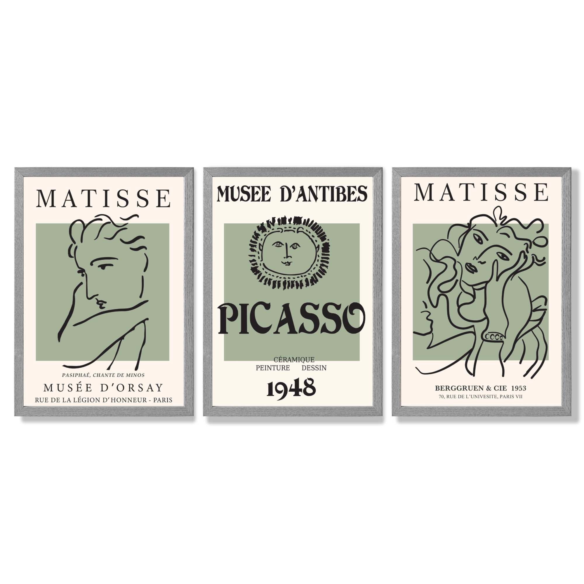 Set of 3 Matisse and Picasso Minimal Line Art in Green Framed Wall Art with Light Grey Wooden Frames