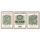 Set of 3 Matisse and Picasso Minimal Line Art in Green Framed Wall Art with Light Oak Frames
