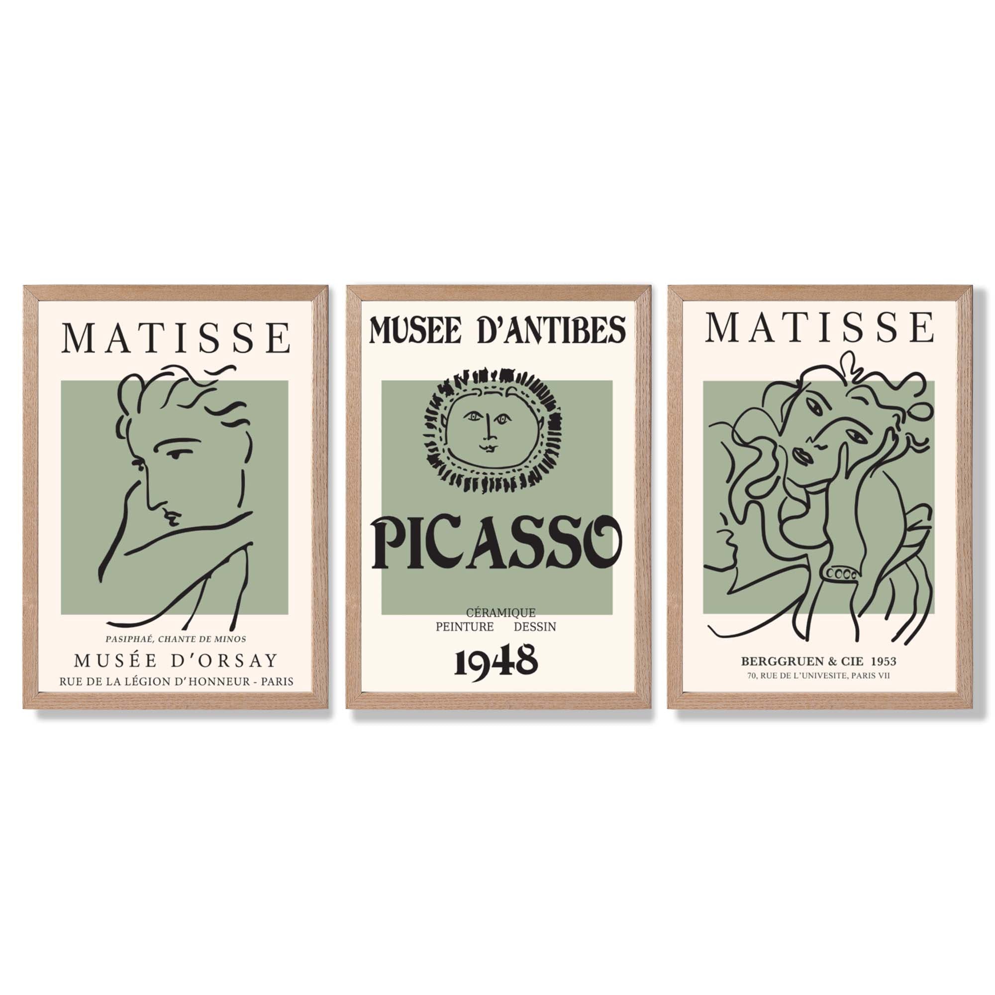 Set of 3 Matisse and Picasso Minimal Line Art in Green Framed Wall Art with Light Oak Frames