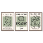 Set of 3 Matisse and Picasso Minimal Line Art in Green Framed Wall Art with Light Walnut Frames