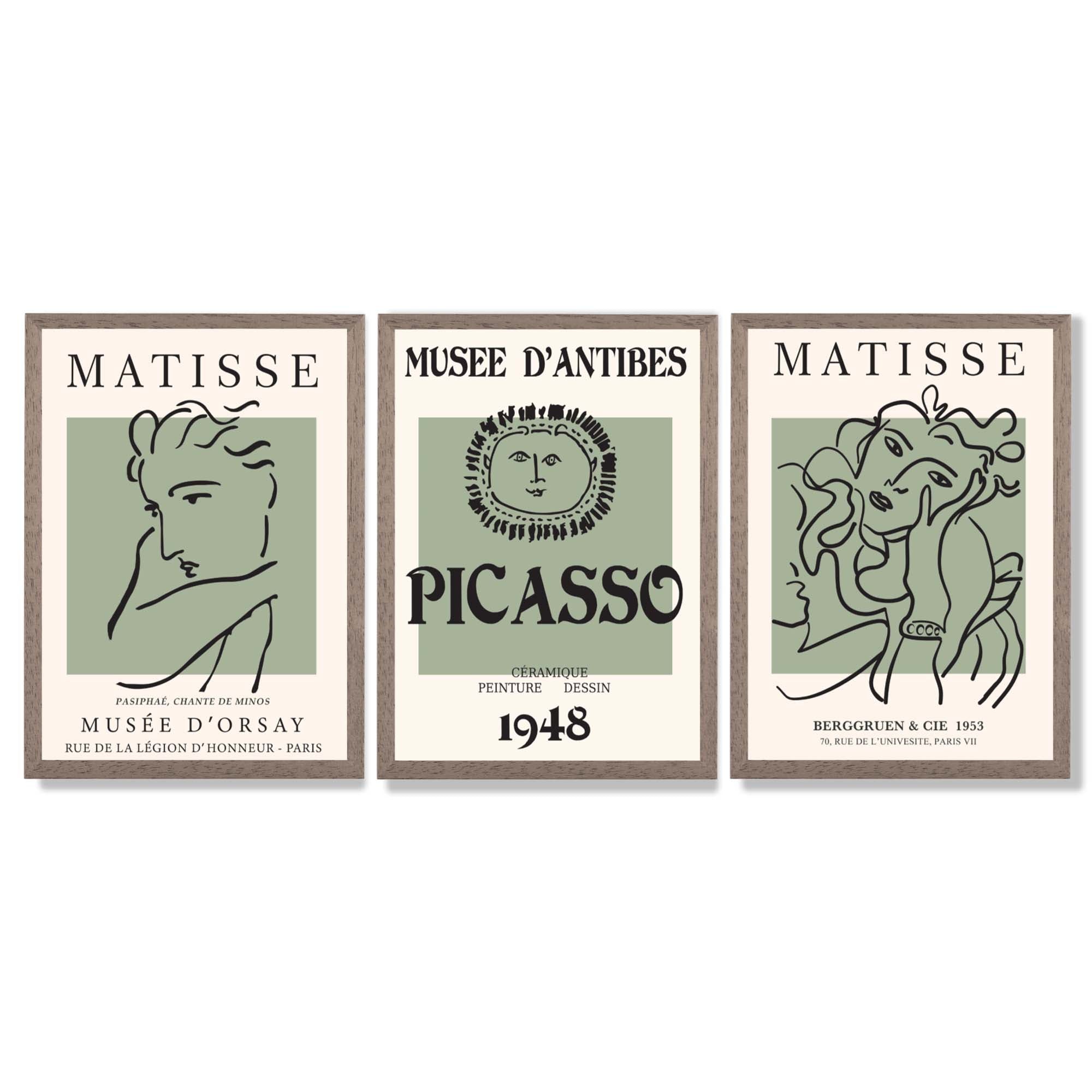 Set of 3 Matisse and Picasso Minimal Line Art in Green Framed Wall Art with Light Walnut Frames