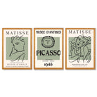 Set of 3 Matisse and Picasso Minimal Line Art in Green Framed Wall Art with Oak Wooden Frames