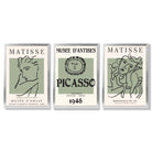Set of 3 Matisse and Picasso Minimal Line Art in Green Framed Wall Art with Silver Wood Frames