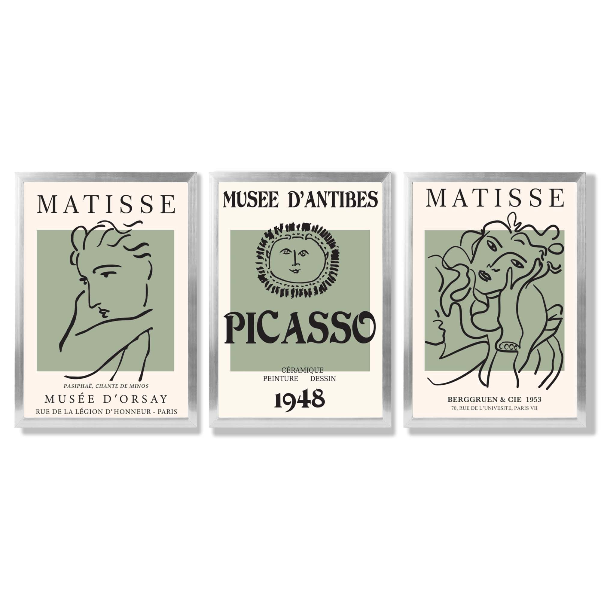 Set of 3 Matisse and Picasso Minimal Line Art in Green Framed Wall Art with Silver Wood Frames