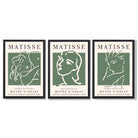 Set of 3 Matisse Abstract Faces Line Art in Green Art Prints in Black Frames | Artze UK
