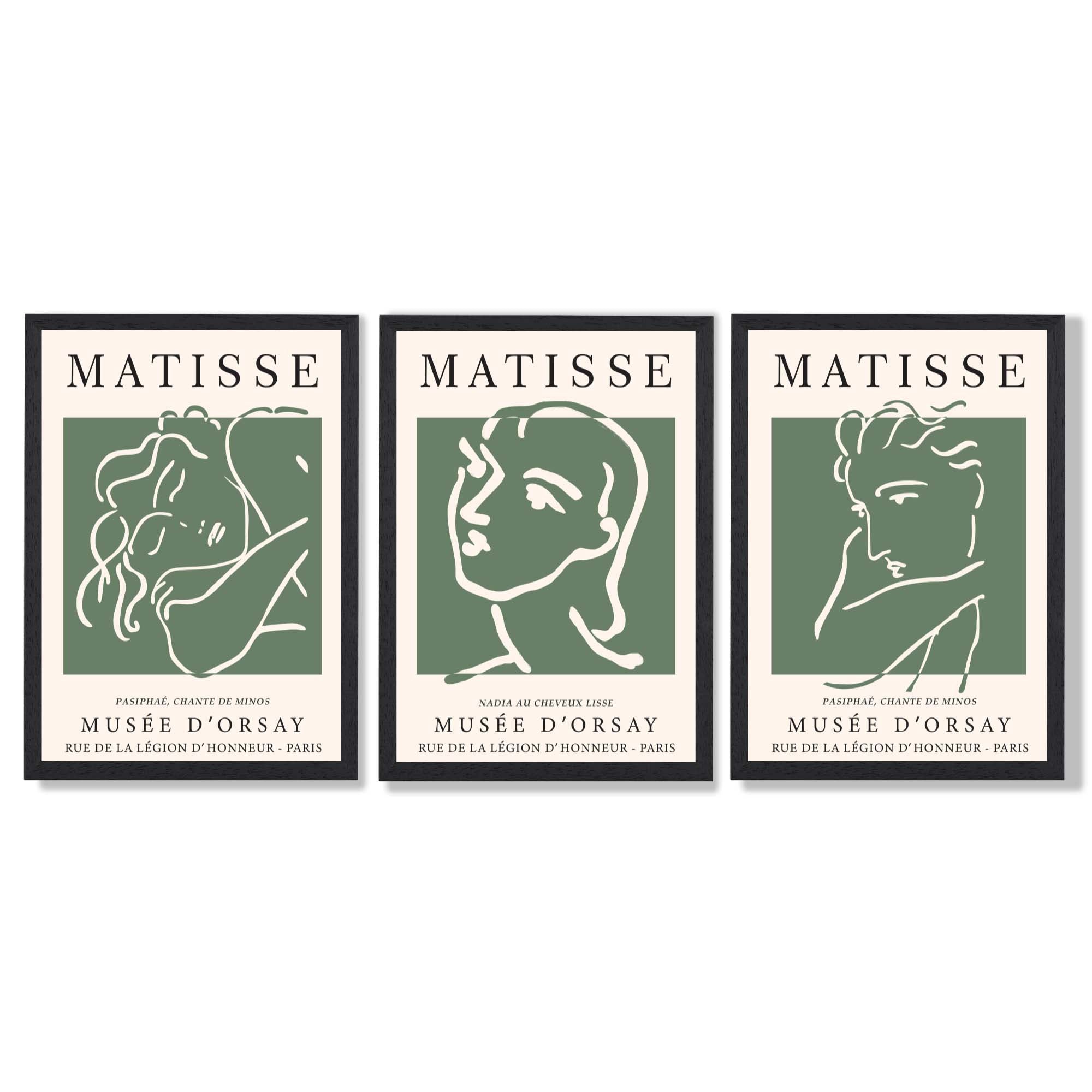 Set of 3 Matisse Abstract Faces Line Art in Green Art Prints in Black Frames | Artze UK