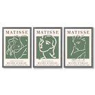 Set of 3 Matisse Abstract Faces Line Art in Green Framed Wall Art with Dark Grey Wooden Frames
