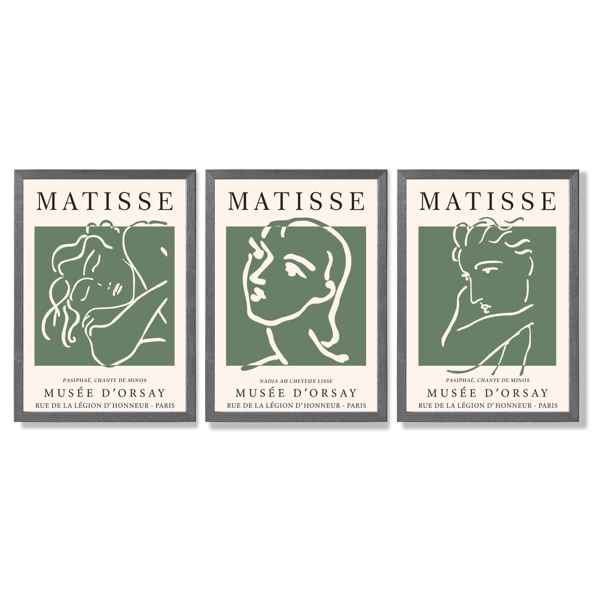 Set of 3 Matisse Abstract Faces Line Art in Green Framed Wall Art with Dark Grey Wooden Frames