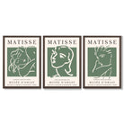 Set of 3 Matisse Abstract Faces Line Art in Green Framed Wall Art with Dark Wood Frames