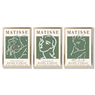 Set of 3 Matisse Abstract Faces Line Art in Green Framed Wall Art with Gold Wood Frames
