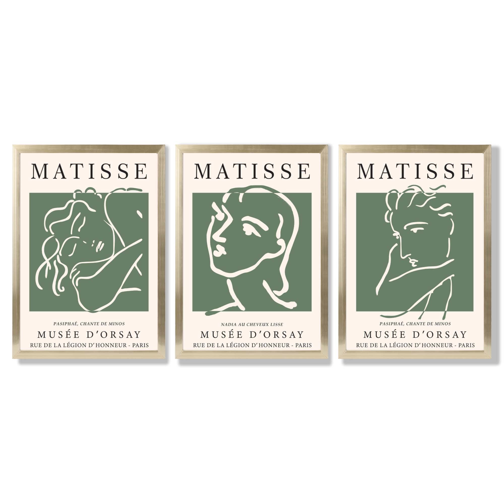 Set of 3 Matisse Abstract Faces Line Art in Green Framed Wall Art with Gold Wood Frames