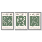 Set of 3 Matisse Abstract Faces Line Art in Green Framed Wall Art with Light Grey Wooden Frames