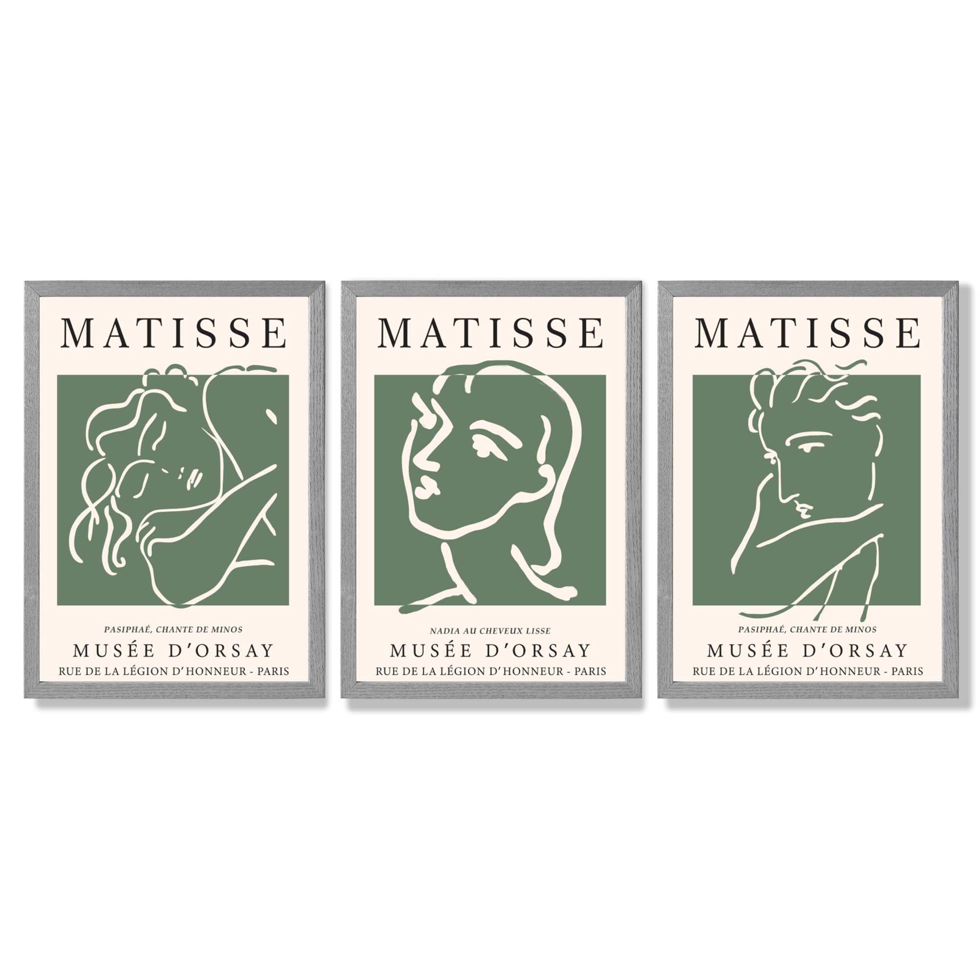 Set of 3 Matisse Abstract Faces Line Art in Green Framed Wall Art with Light Grey Wooden Frames