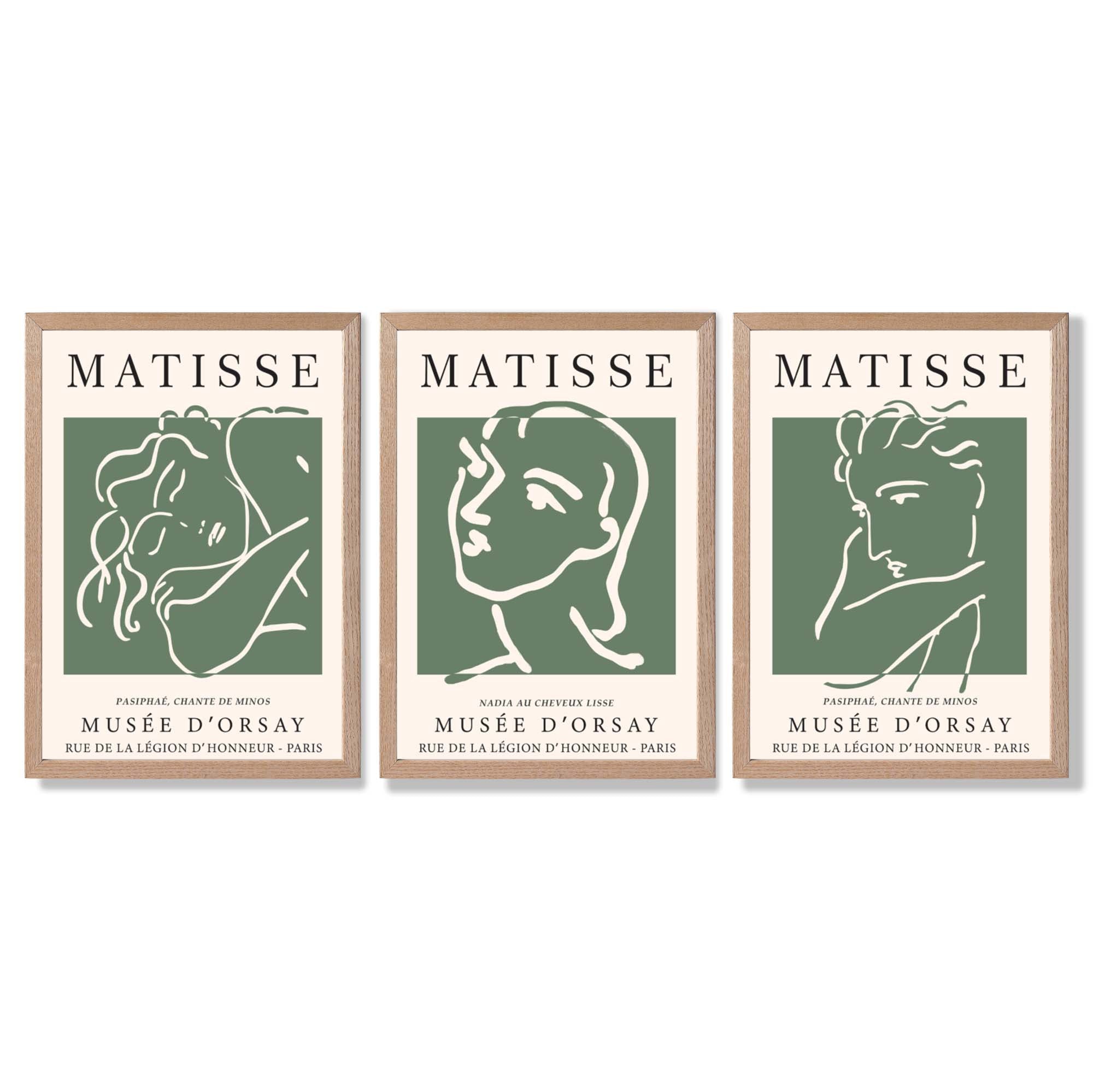 Set of 3 Matisse Abstract Faces Line Art in Green Framed Wall Art with Light Oak Frames