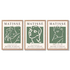 Set of 3 Matisse Abstract Faces Line Art in Green Framed Wall Art with Light Oak Frames